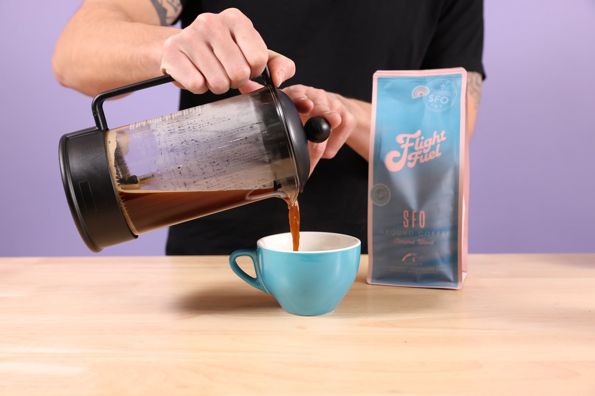 Flight Fuel Caramel Coffee Being Poured Into A Mug